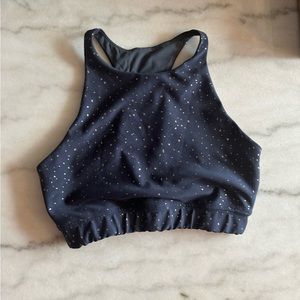 Peloton navy sports bra with rose gold flecks